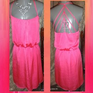 Charlotte Russe Neon Pink Satin Strappy Dress EUC